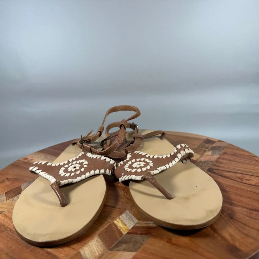 Jack Rogers Womens Brown Leather Whipstitch Medallion Ankle Strap Sandals 8M